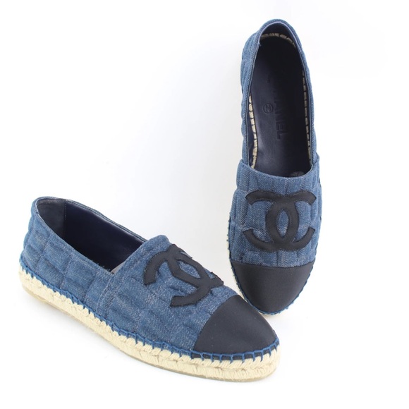 CHANEL Shoes - Chanel Denim Blue and Black CC Espadrille Size 37